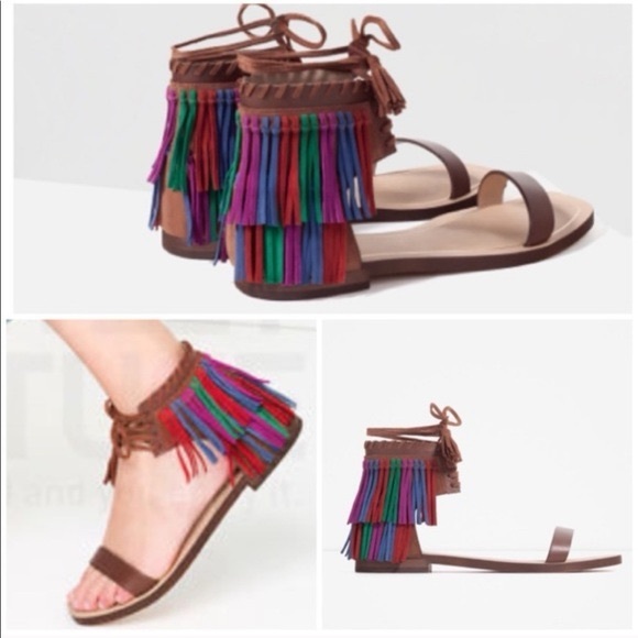 NEW Zara Women’s Fringed Leather Flat Sandals Multicolor/Brown Size 8 Bohemian - Picture 1 of 11